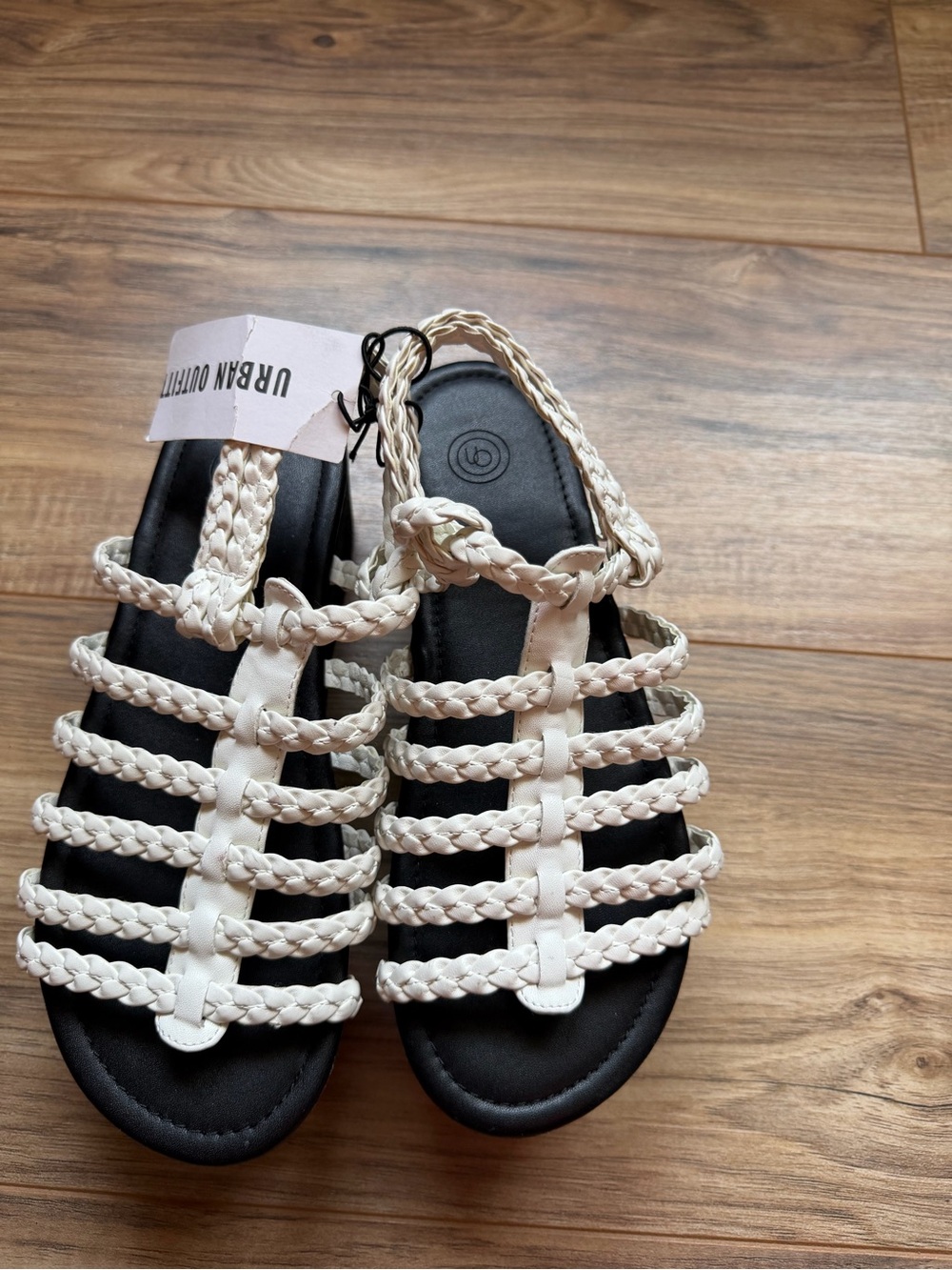 Urban Outfitters White Braided Gladiator Sandals with Black Footbed